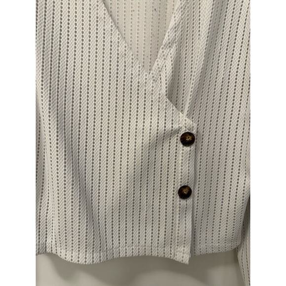 White Crochet Boxy Long Sleeve Cotton Blend Large V Neck Top - Picture 3 of 4